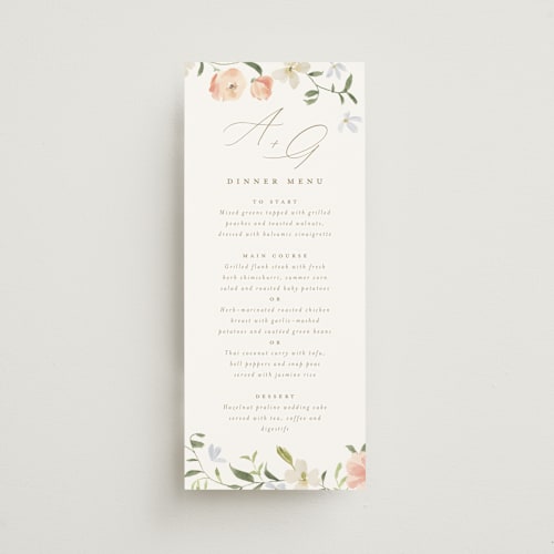 This is a peach menu cards with standard by Everett Paper Goods called garden view printing on signature in 4x9