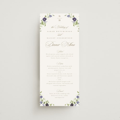 This is a iris menu cards with standard by Everett Paper Goods called wildflower trellis printing on signature in 4x9