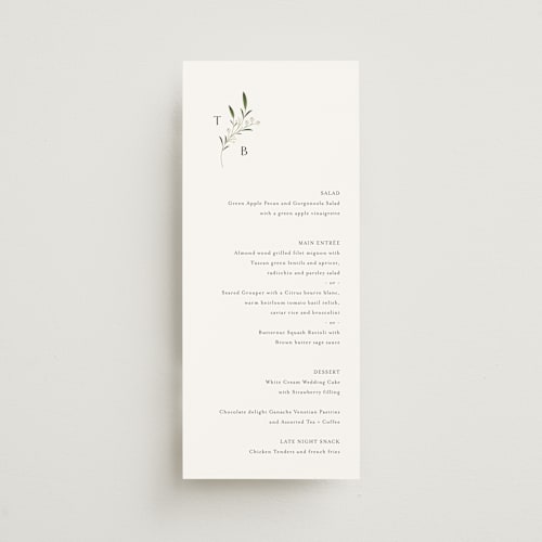 This is a cotton menu cards with standard by Jennifer Postorino called gentle whisper printing on signature in 4x9
