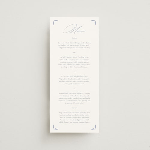 This is a pale cerulean menu cards with standard by Sabrin Deirani called ocean dreams printing on signature in 4x9