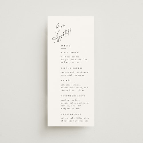 This is a linen menu cards with standard by Ana de Sousa called scripted elegance printing on signature in 4x9