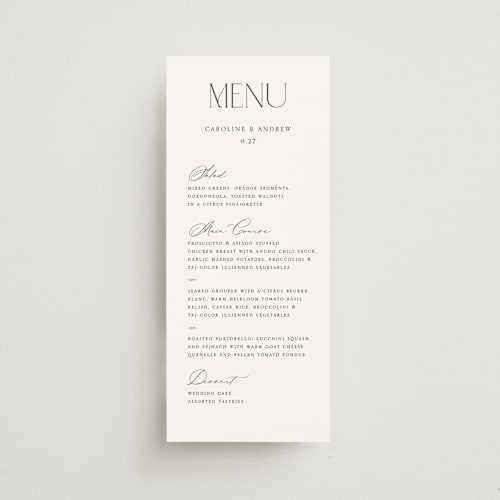 This is a cotton menu cards with standard by Vanessa Doyle called contemporary printing on signature in 4x9