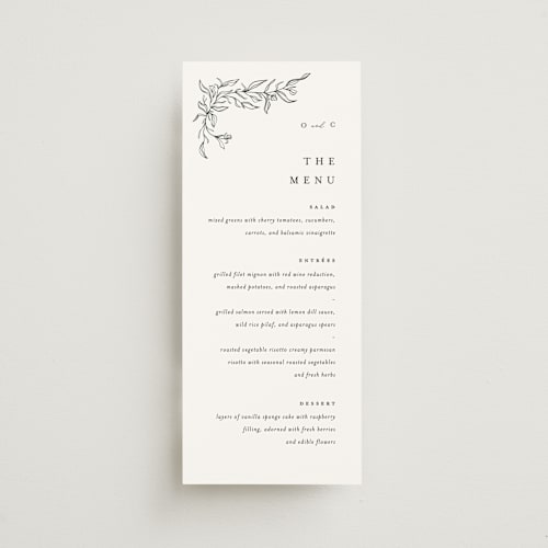 This is a alpine menu cards with standard by Pixel and Hank called floral cascade printing on signature in 4x9