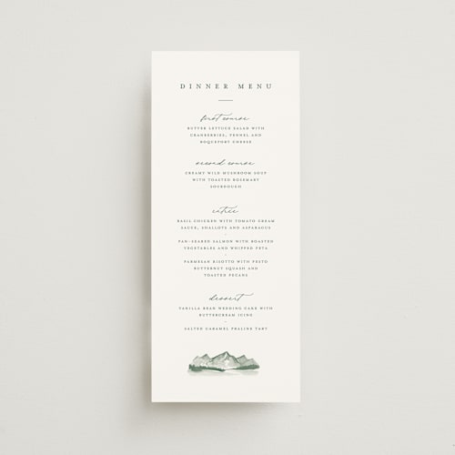 This is a pine menu cards with standard by Amy Kross called mountain ridge printing on signature in 4x9