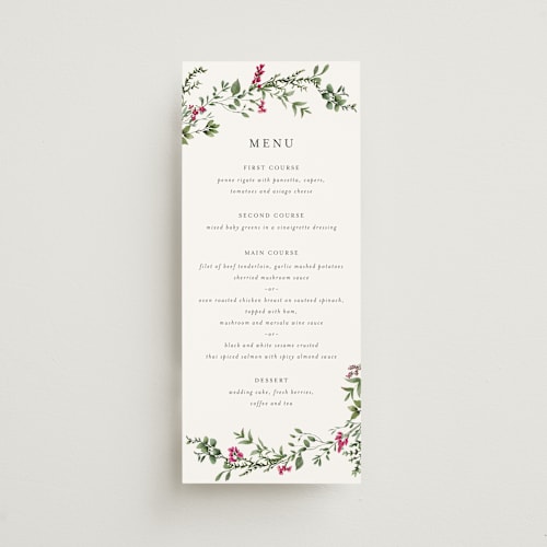 This is a peony menu cards with standard by Susan Moyal called romantic florals printing on signature in 4x9