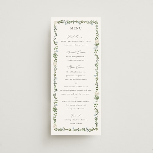 This is a coastal menu cards with standard by Susan Moyal called hydrangea vine printing on signature in 4x9