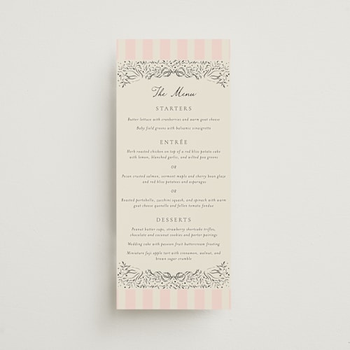 This is a peony menu cards with standard by Jackie Crawford called hand illustrated crest printing on signature in 4x9