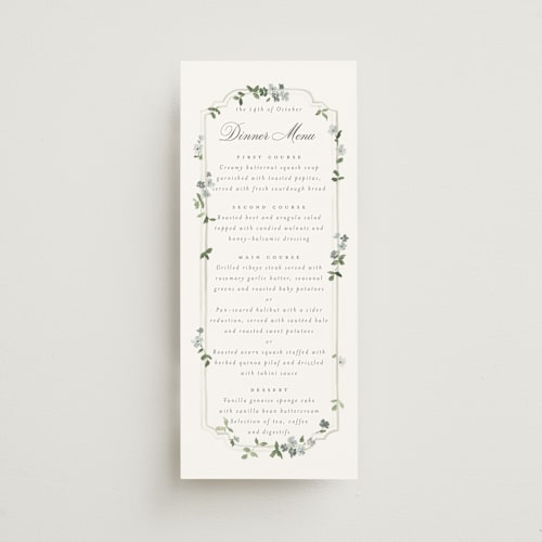 This is a mist menu cards with standard by Everett Paper Goods called wistful printing on signature in 4x9