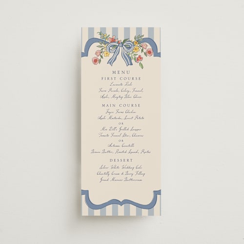 This is a cornflower menu cards with standard by Chris Griffith called a wedding in low country printing on signature in 4x9