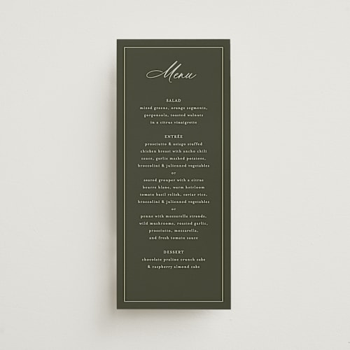 This is a deep olive menu cards with standard by Nicole Walsh called refined printing on signature in 4x9