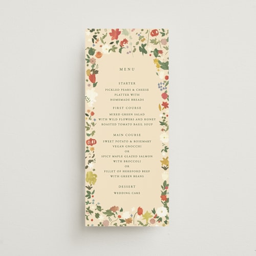 This is a garden menu cards with standard by Sumak Studio called all the flowers of the world printing on signature in 4x9