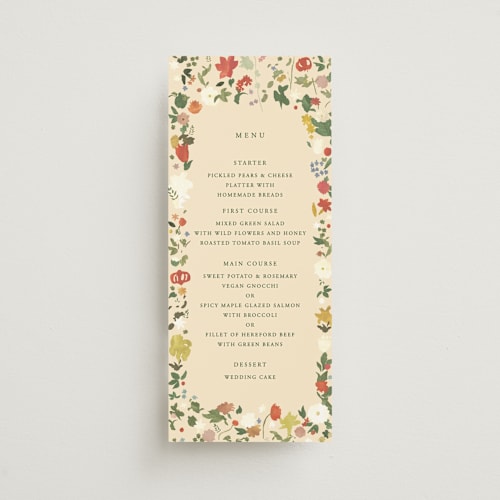 This is a garden menu cards with standard by Sumak Studio called all the flowers of the world printing on signature in 4x9