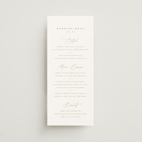 This is a pearl menu cards with standard by chocomocacino called spiku printing on signature in 4x9