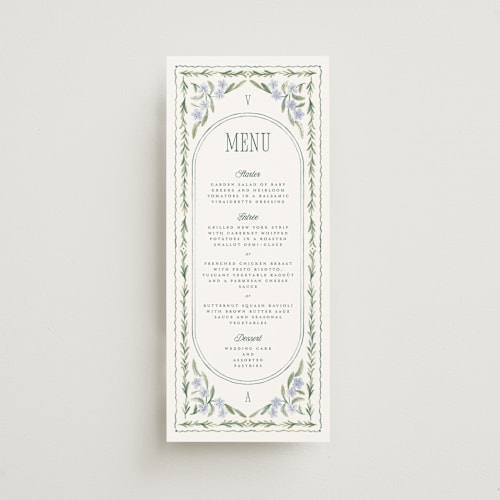 This is a wisteria menu cards with standard by Jenna Holcomb called vintage sketched printing on signature in 4x9