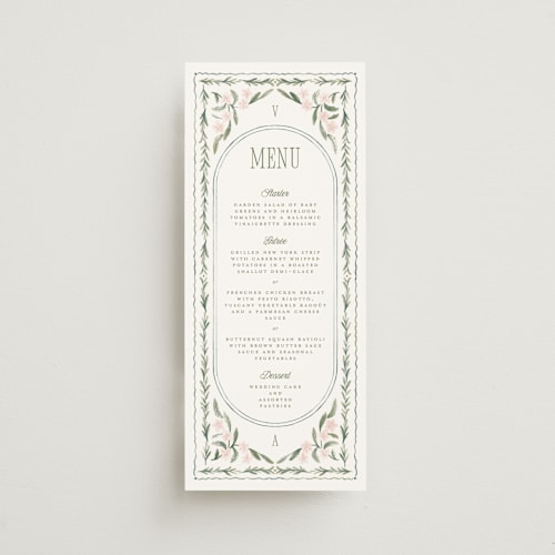 This is a peony menu cards with standard by Jenna Holcomb called vintage sketched printing on signature in 4x9