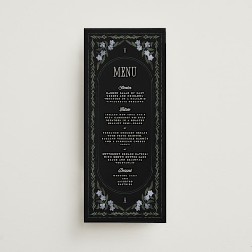 This is a midnight menu cards with standard by Jenna Holcomb called vintage sketched printing on signature in 4x9