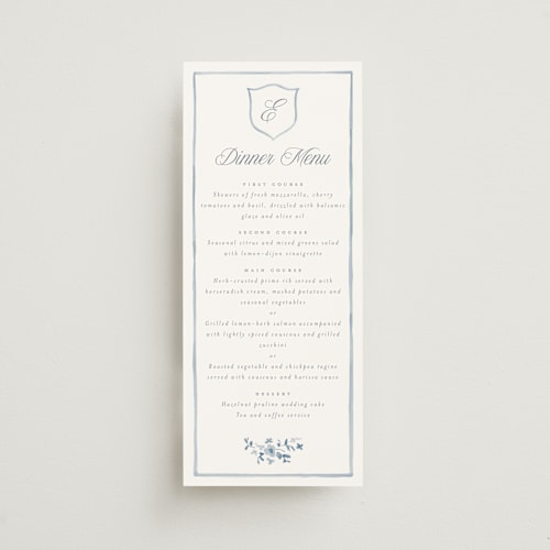 This is a bluebell menu cards with standard by Everett Paper Goods called wildflower corners printing on signature in 4x9