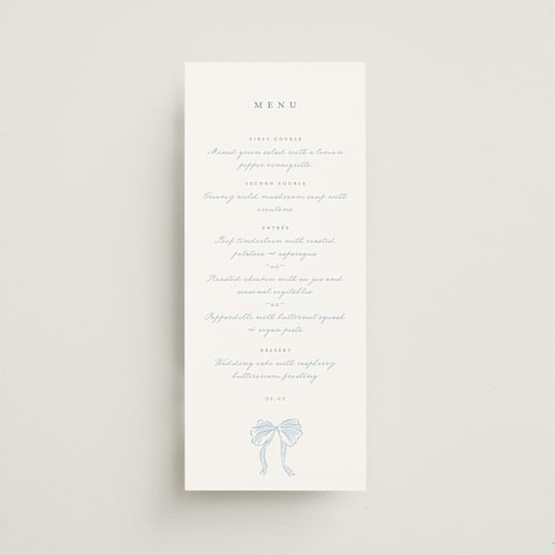 This is a lagoon menu cards with standard by Leah Bisch called bow frame printing on signature in 4x9
