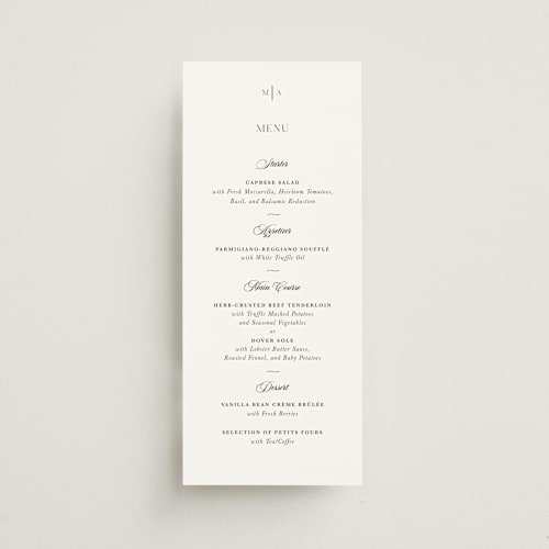 This is a obsidian menu cards with standard by Lucrecia Caporale called classic & timeless printing on signature in 4x9