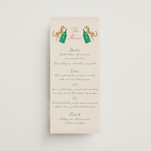 This is a peony menu cards with standard by Jackie Crawford called whimsical hand illustrated crest printing on signature in 4x9