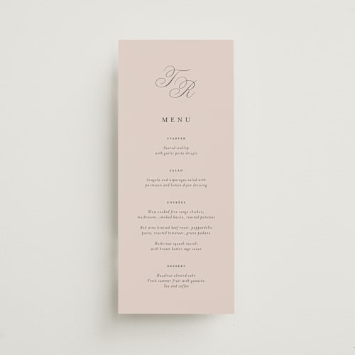 This is a dusty rose menu cards with standard by Kelly Schmidt called arch monogram printing on signature in 4x9