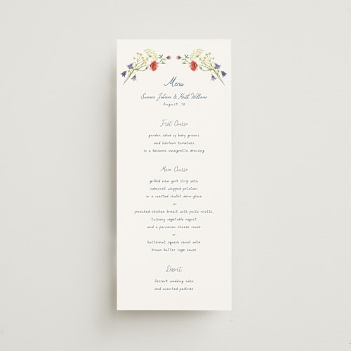 This is a ivory menu cards with standard by frau brandt called wildflower romance printing on signature in 4x9