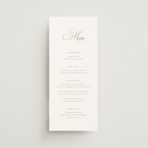 This is a garden menu cards with standard by Kelly Schmidt called chic script printing on signature in 4x9