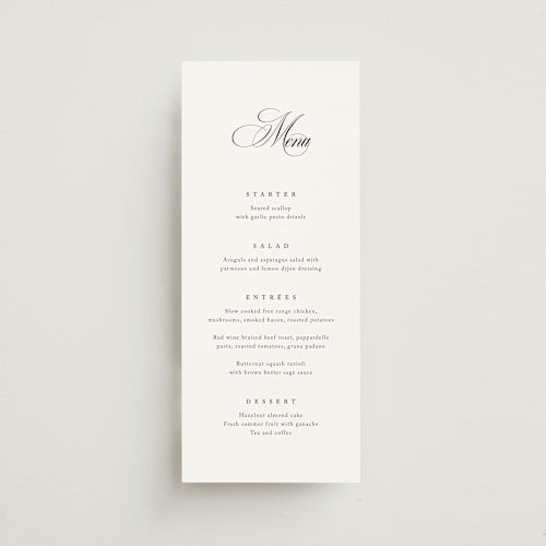 This is a silk menu cards with standard by Kelly Schmidt called chic script printing on signature in 4x9