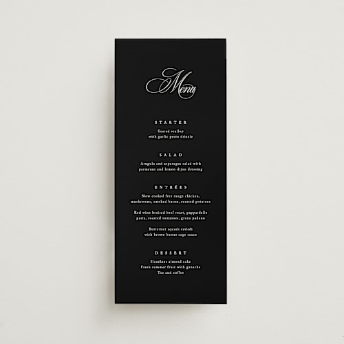 This is a midnight menu cards with standard by Kelly Schmidt called chic script printing on signature in 4x9