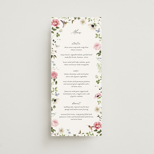 This is a peony menu cards with standard by Sarah Knight called ornate printing on signature in 4x9