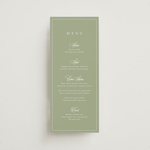 This is a garden menu cards with standard by Kelly Schmidt called greenwood printing on signature in 4x9