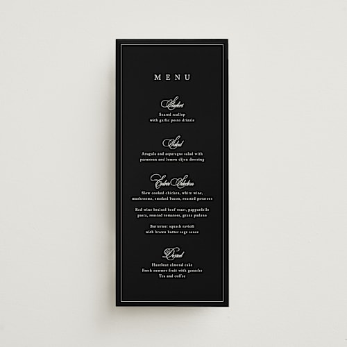 This is a midnight menu cards with standard by Kelly Schmidt called greenwood printing on signature in 4x9