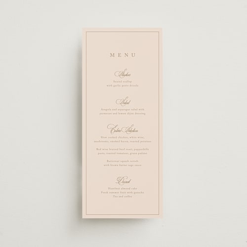This is a champagne menu cards with standard by Kelly Schmidt called greenwood printing on signature in 4x9