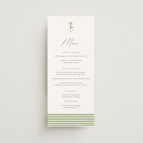 This is a leaf menu cards with standard by Olivia Raufman called palm monogram printing on signature in 4x9
