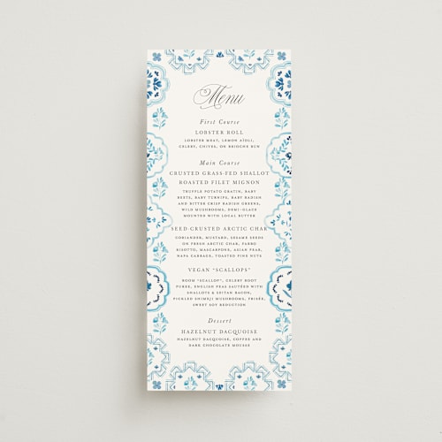 This is a cerulean menu cards with standard by Itsy Belle Studio called almafi printing on signature in 4x9