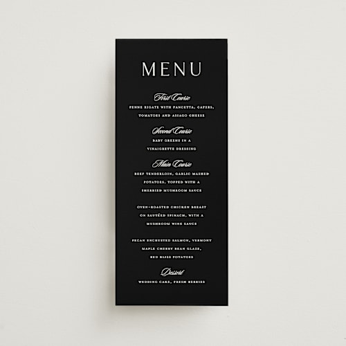 This is a evening menu cards with standard by Stacey Meacham called classic decorum printing on signature in 4x9