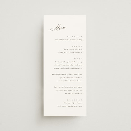 This is a latte menu cards with standard by Cara Scott called whimsy printing on signature in 4x9