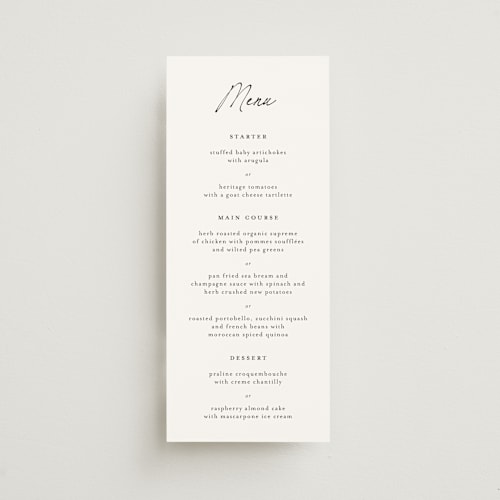 This is a jasmine menu cards with standard by Pippa Shaw called modern classic printing on signature in 4x9