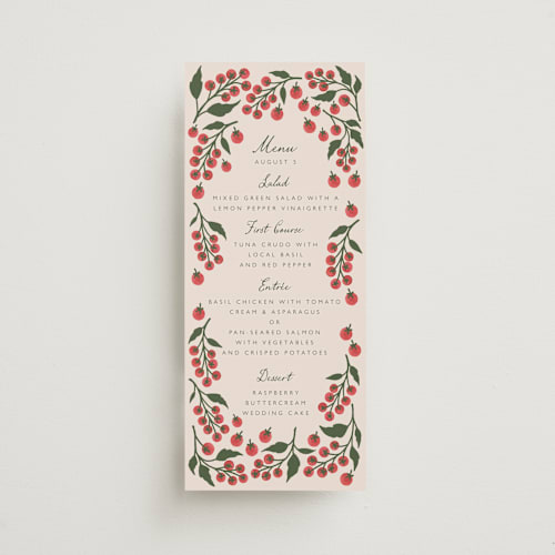 This is a tomato menu cards with standard by Katharine Watson called cherry tomatoes printing on signature in 4x9