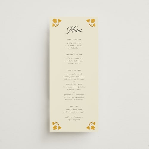 This is a yolk menu cards with standard by Morgan Kendall called vintage wildflowers printing on signature in 4x9