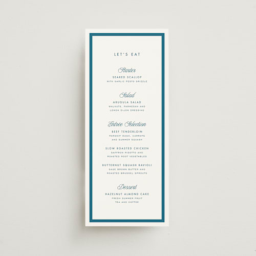 This is a ocean menu cards with standard by Kelly Schmidt called coast printing on signature in 4x9