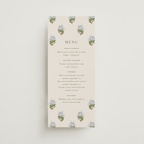 This is a almond menu cards with standard by Olivia Kanaley Inman called blockprint printing on signature in 4x9