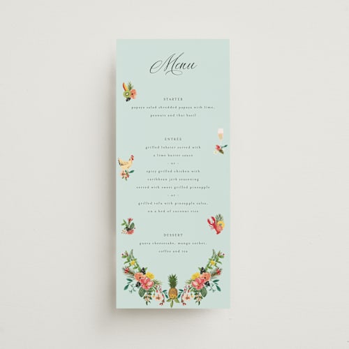 This is a papaya menu cards with standard by Susan Moyal called tropical crest printing on signature in 4x9