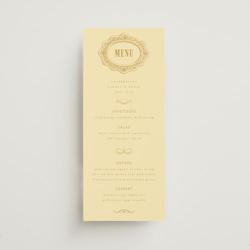 This is a butter menu cards with standard by Nazia Hyder called vintage label printing on signature in 4x9