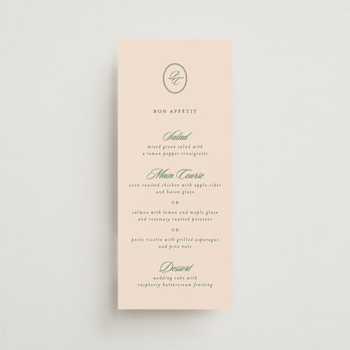 This is a emerald menu cards with standard by Creo Study called scripted printing on signature in 4x9