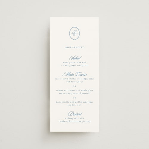 This is a capri menu cards with standard by Creo Study called scripted printing on signature in 4x9