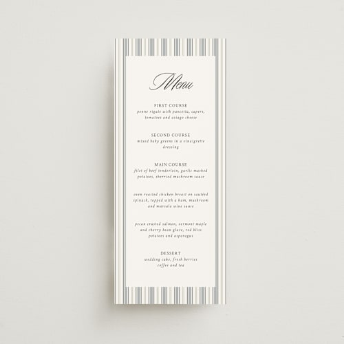 This is a linen menu cards with standard by Cindy Reynolds called sophistique printing on signature in 4x9