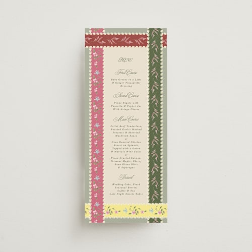 This is a english garden menu cards with standard by Phrosné Barwood called whimsey floral printing on signature in 4x9