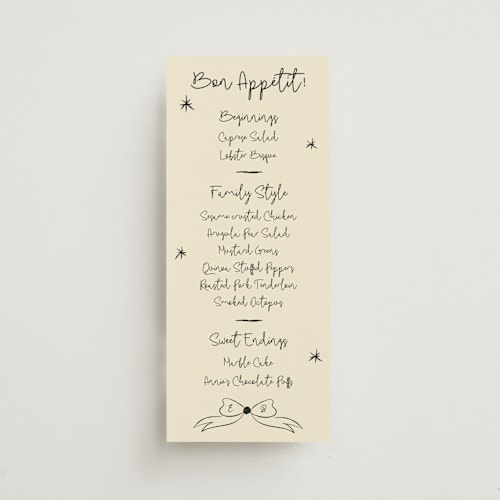 This is a champagne menu cards with standard by Helena Vitto called modern love printing on signature in 4x9