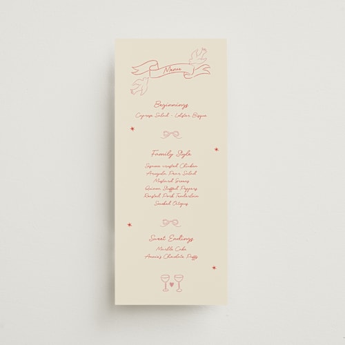 This is a peach menu cards with standard by Helena Vitto called the bird song printing on signature in 4x9
